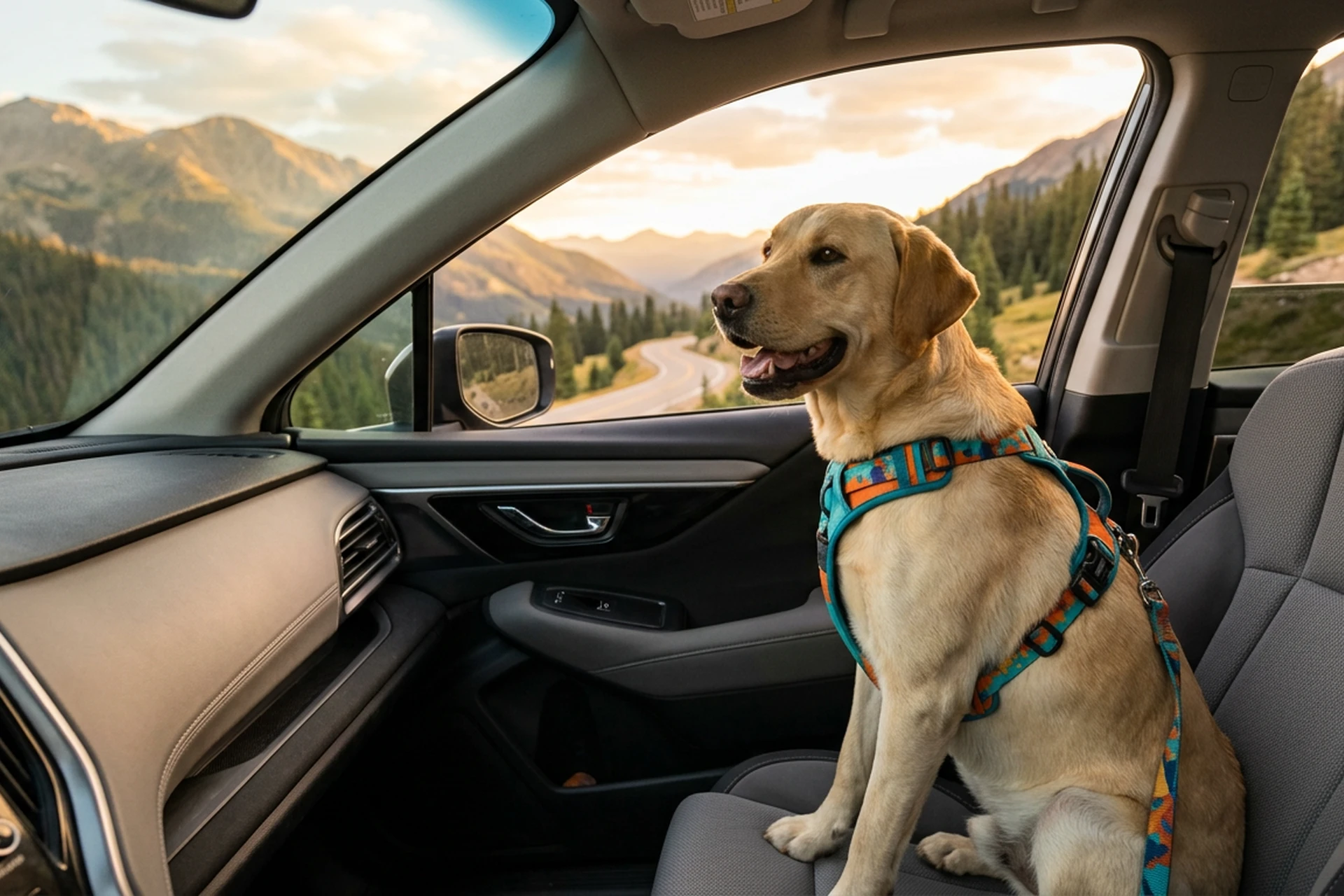 Chien attaché avec un harnais sur le siège passager d’une voiture