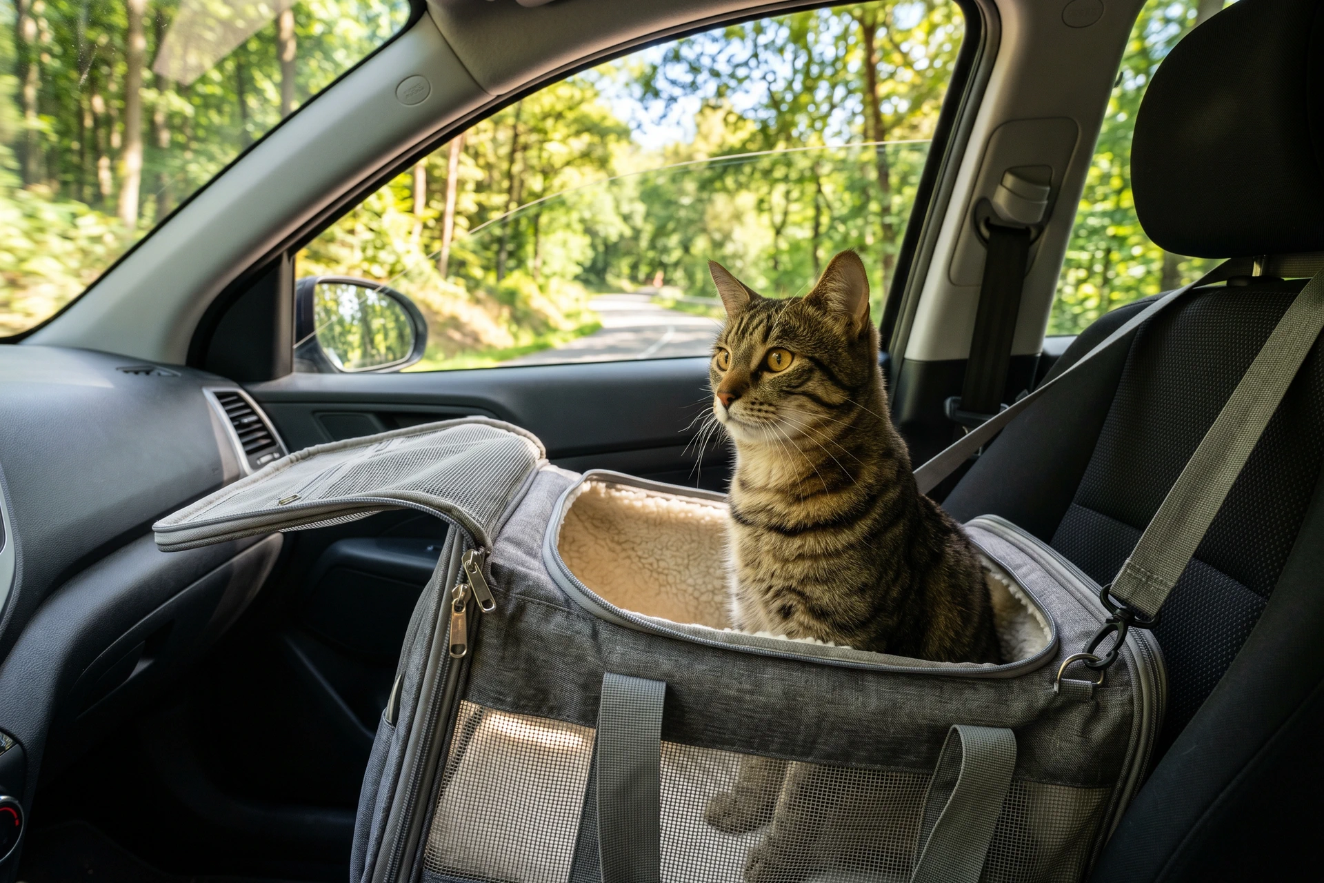 Chat dans une caisse de transport en voiture