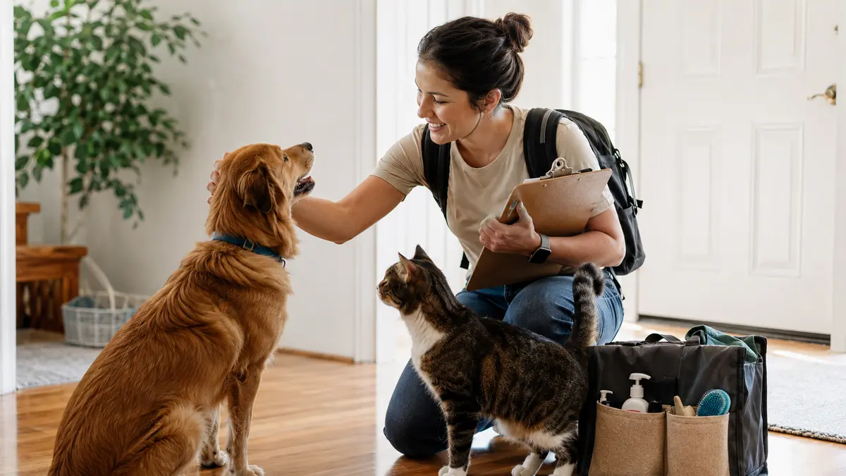 Pet-sitter avec un carnet saluant un chien et un chat au domicile de leurs propriétaires