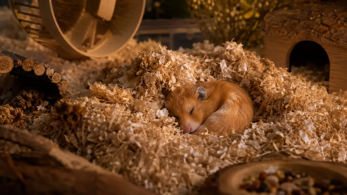 Hamster doré endormi dans un nid profond de litière
