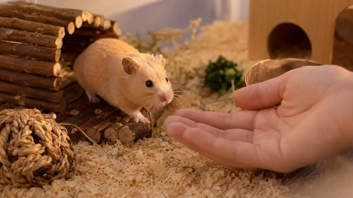 Hamster doré s’approchant d’une main ouverte dans son habitat en litière