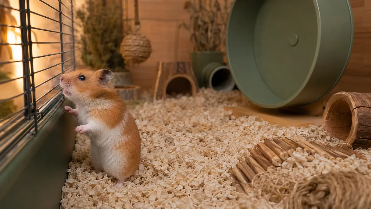 Hamster près des barreaux d’un habitat avec litière profonde, roue et enrichissements