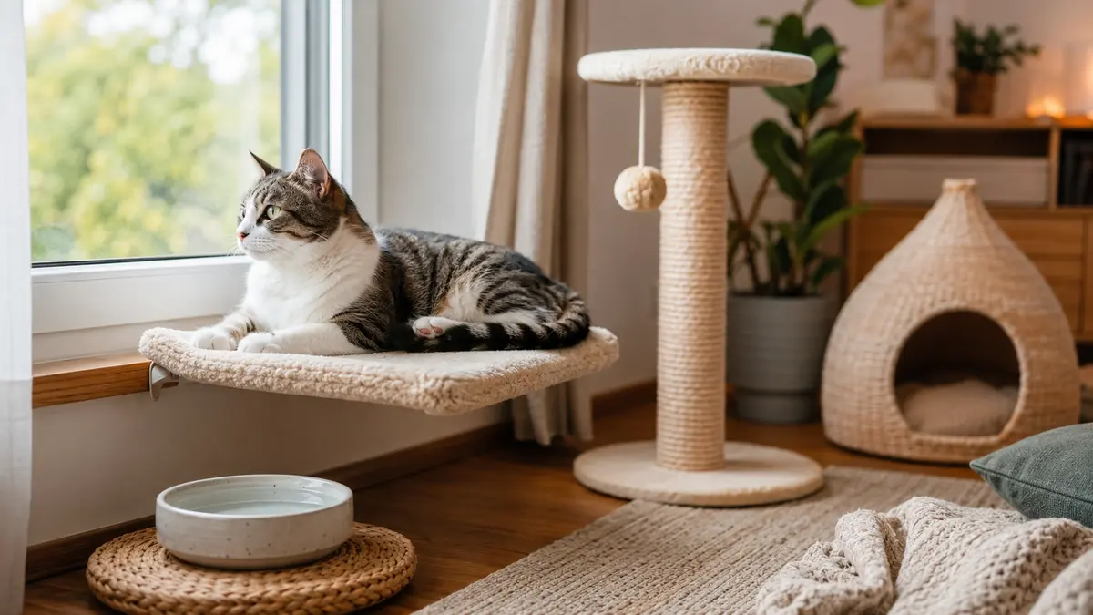Chat calme seul dans un salon enrichi avec perchoir eau et griffoir