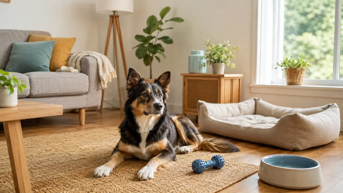 Chien adulte calme seul dans un salon avec couchage eau et jouet