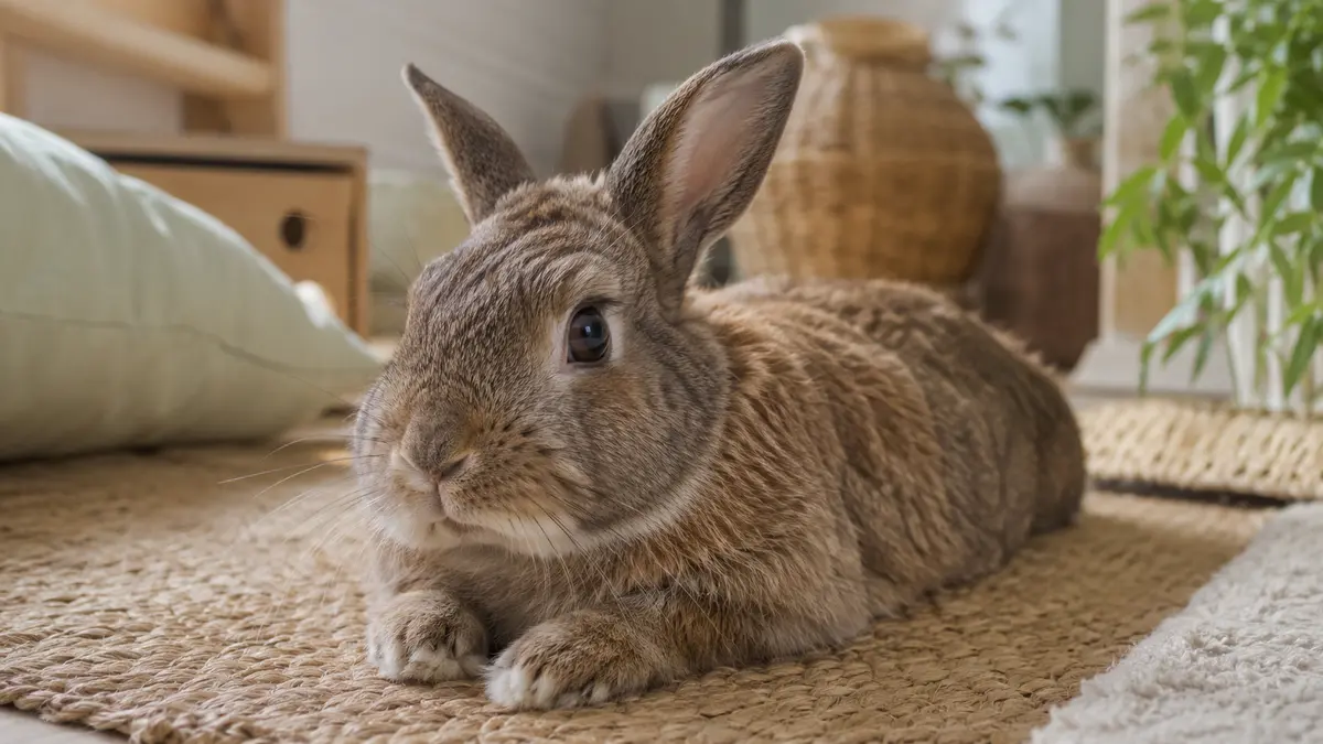 Lapin domestique détendu au repos sur un tapis en fibres naturelles