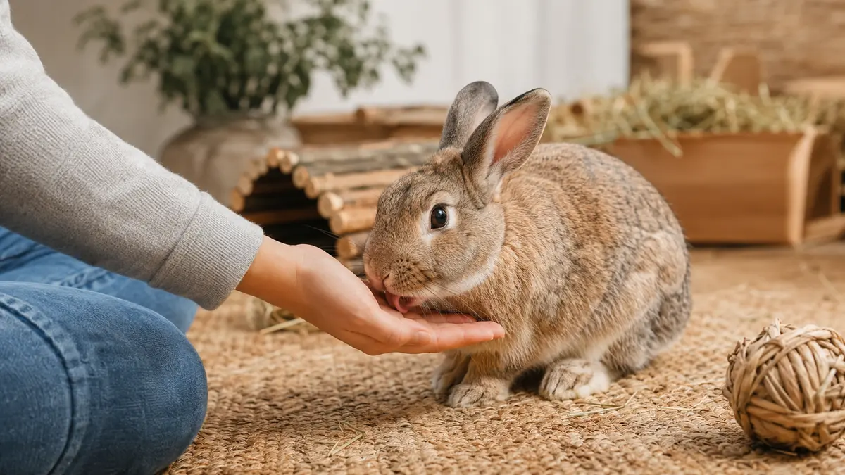 Lapin brun léchant la main de sa propriétaire dans son espace de vie