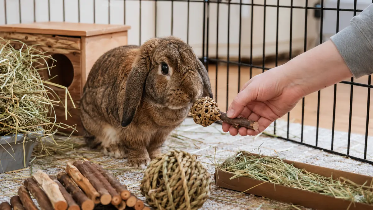 Lapin bélier dans un parc recevant un jouet à ronger près de foin et de branches