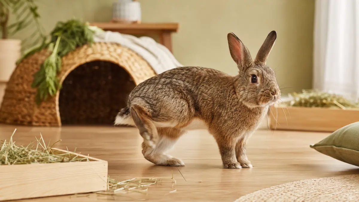 Lapin domestique en posture d’alerte levant une patte arrière dans un habitat intérieur adapté