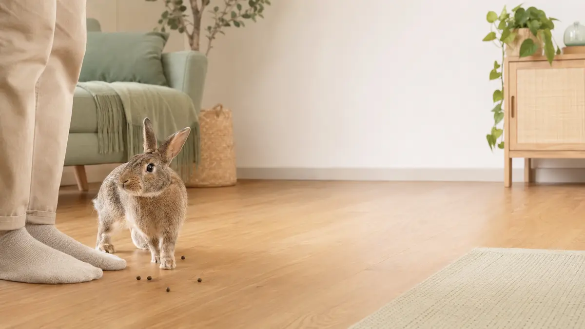 Lapin tournant près des pieds de son propriétaire et déposant quelques crottes sèches