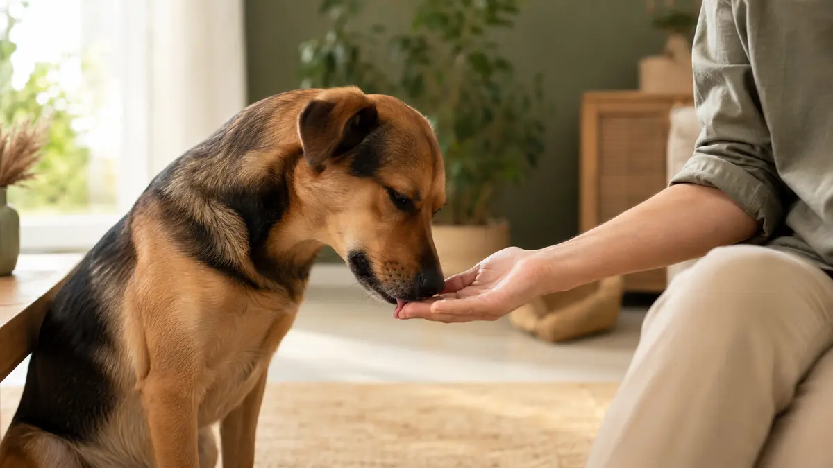 Chien détendu léchant doucement la main ouverte de sa propriétaire dans un intérieur calme