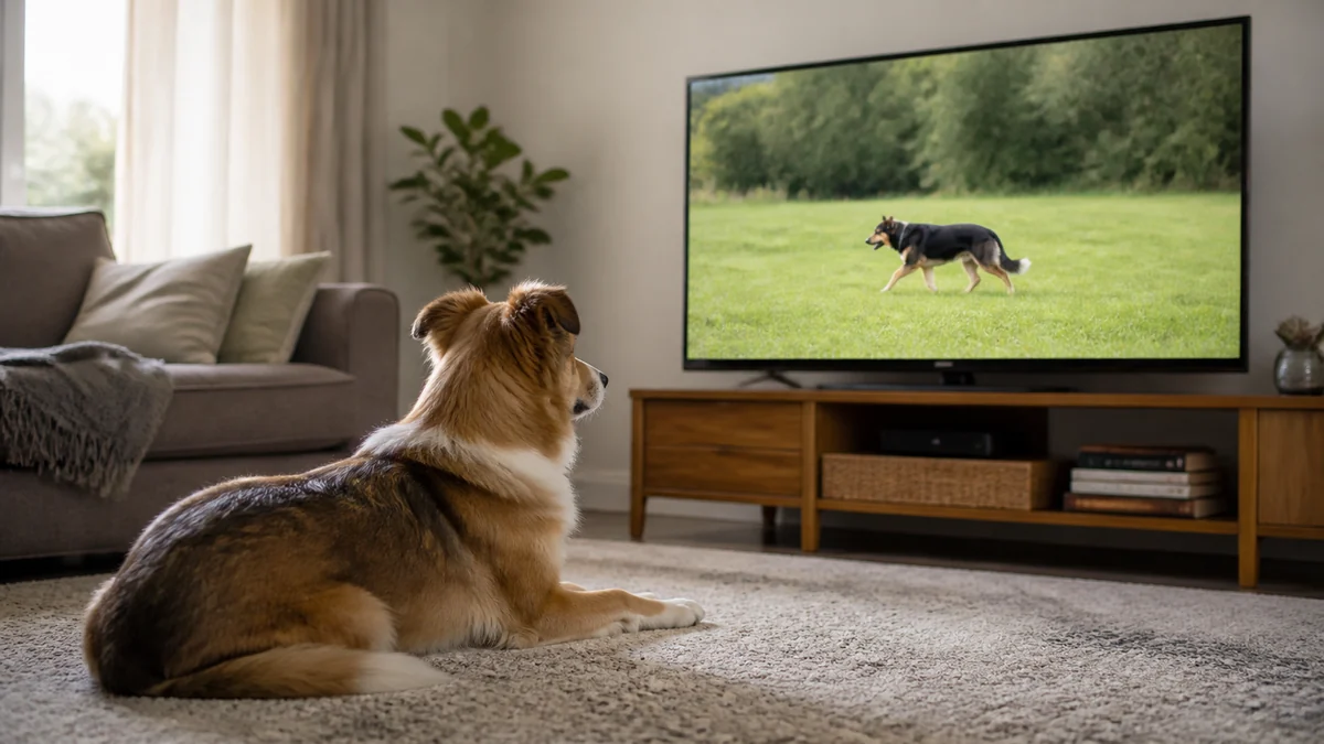 Chien couché regardant un autre chien à la télévision