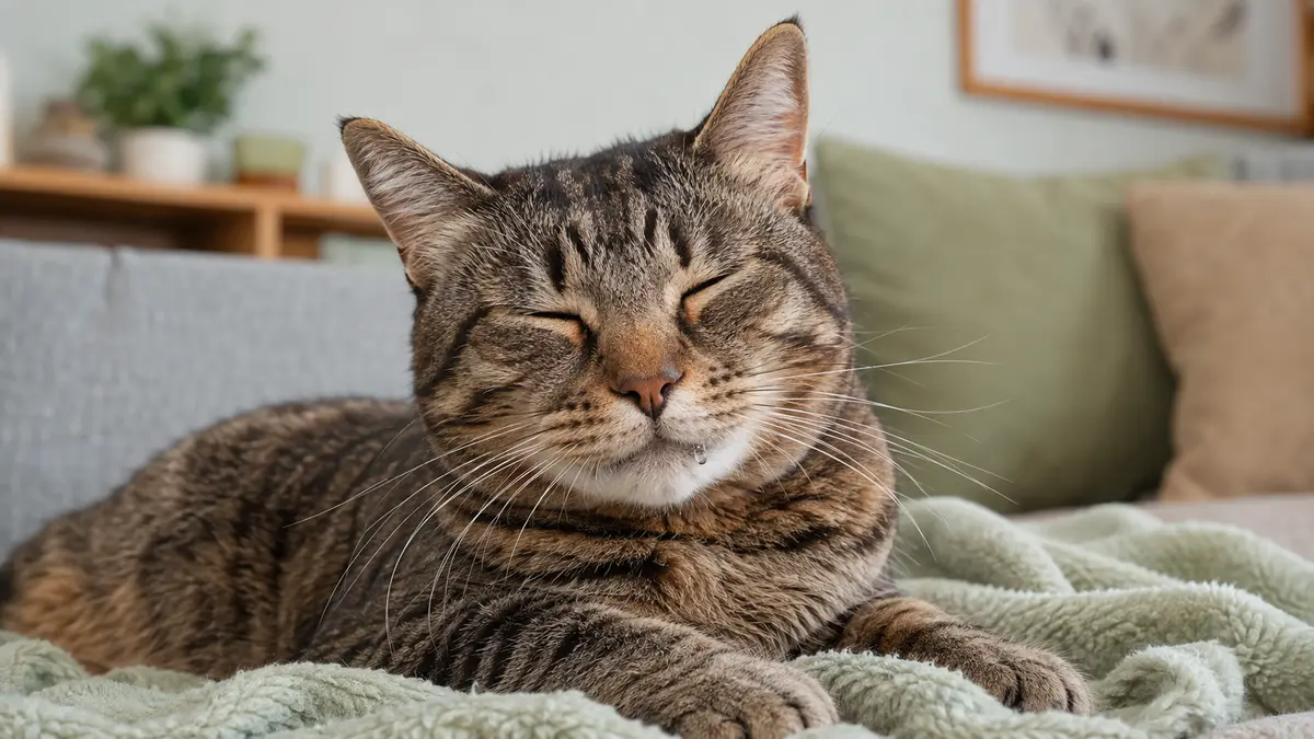 Chat détendu ronronnant avec une petite goutte de salive au coin de la bouche