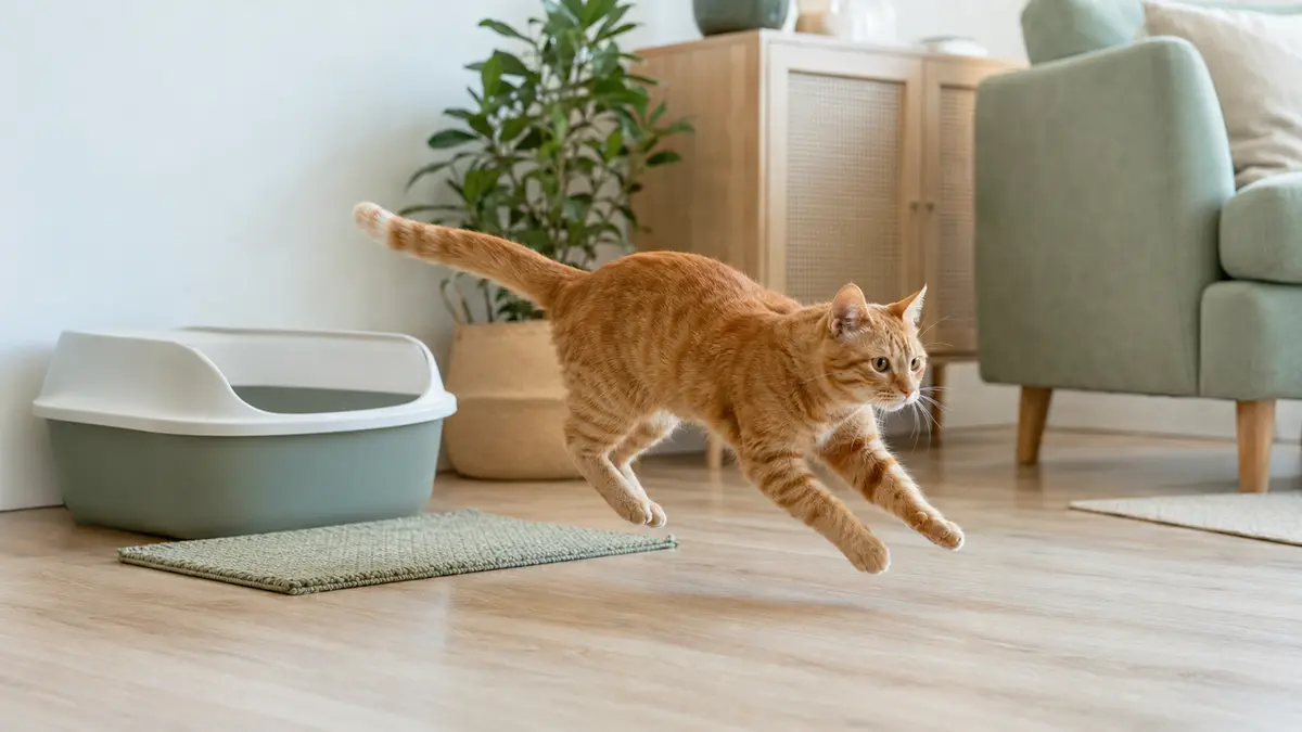Chat roux courant avec énergie en sortant d’un bac à litière propre