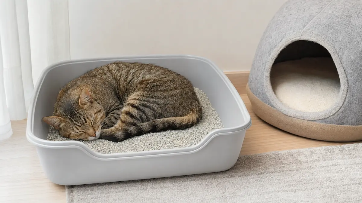 Chat adulte recroquevillé dans un bac à litière propre près d’une cachette confortable