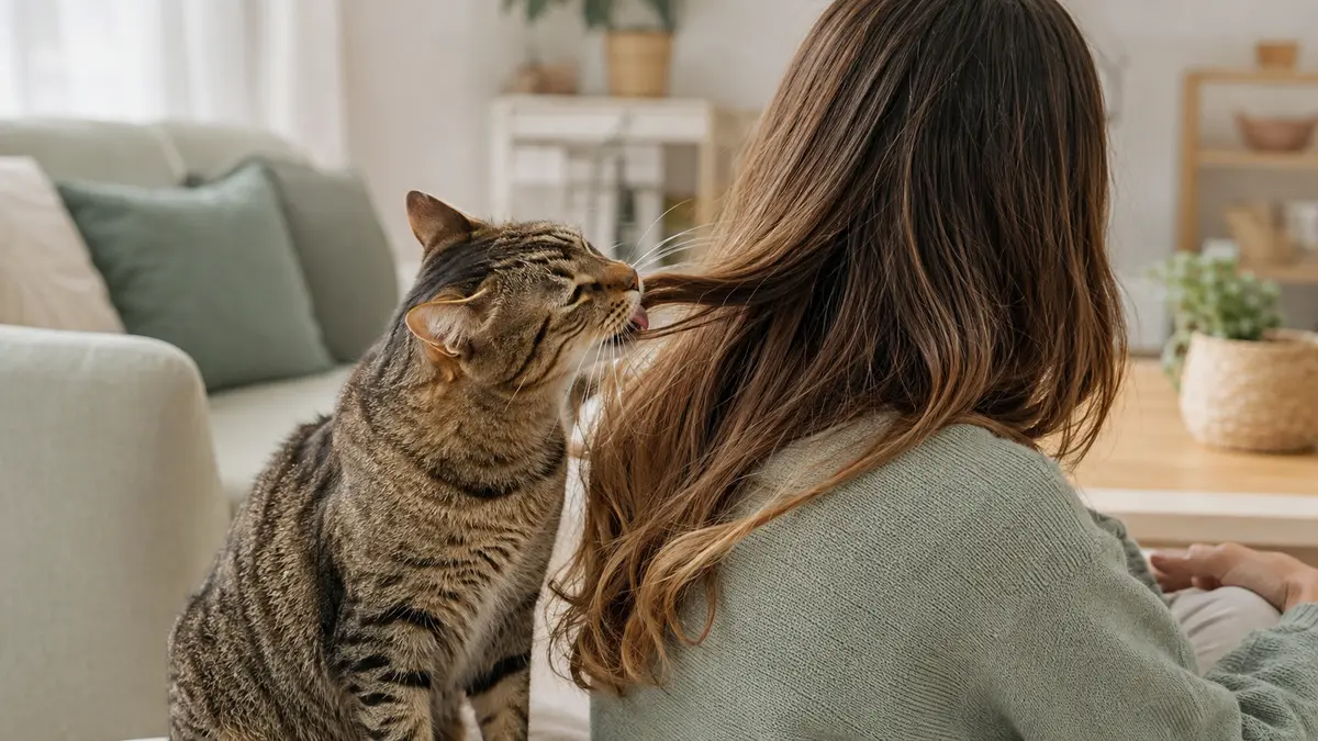 Chat tigré reniflant doucement les cheveux d’une personne assise de dos