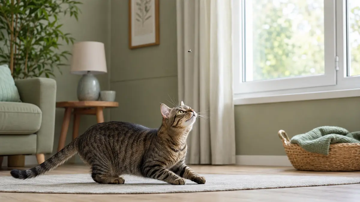 Chat tigré suivant des yeux une petite mouche dans un salon sécurisé