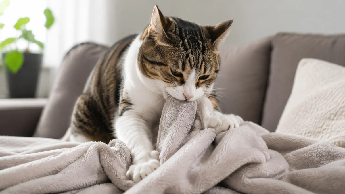 Chat adulte mordillant doucement une couverture tout en la pétrissant