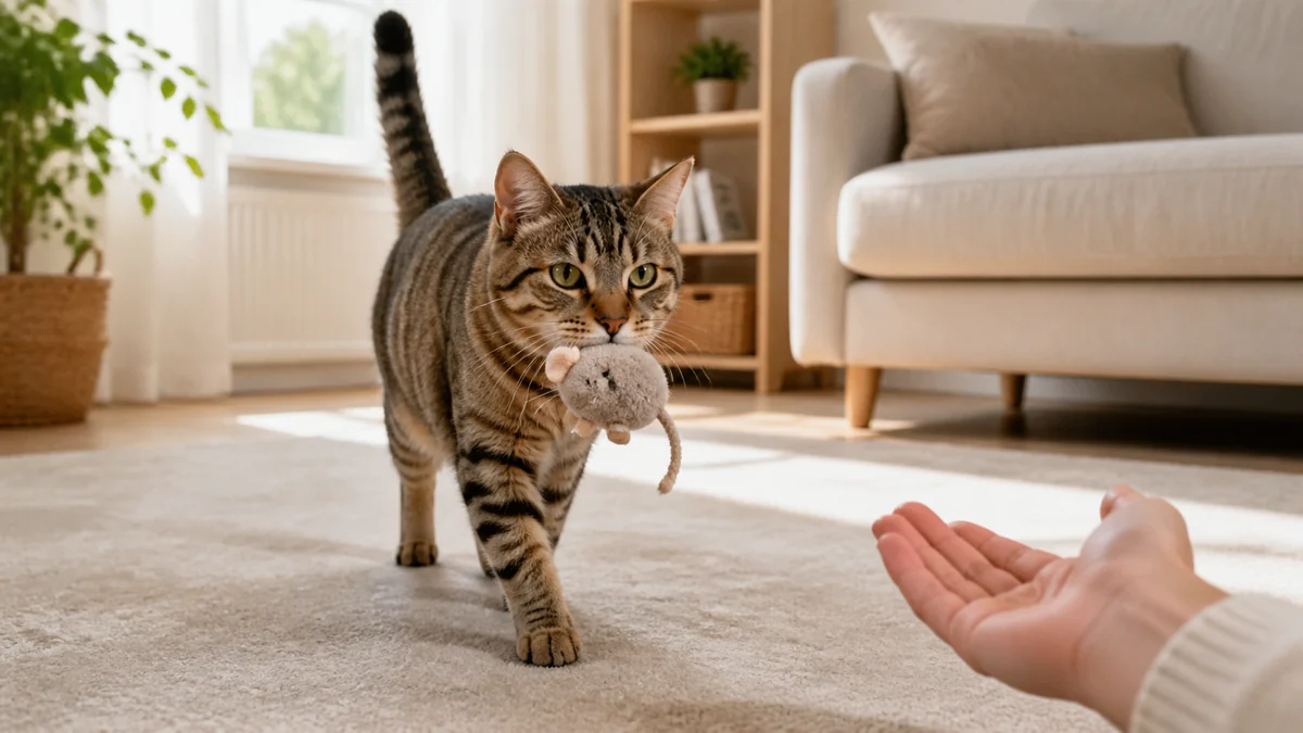 Chat tigré rapportant une souris en tissu à son humain