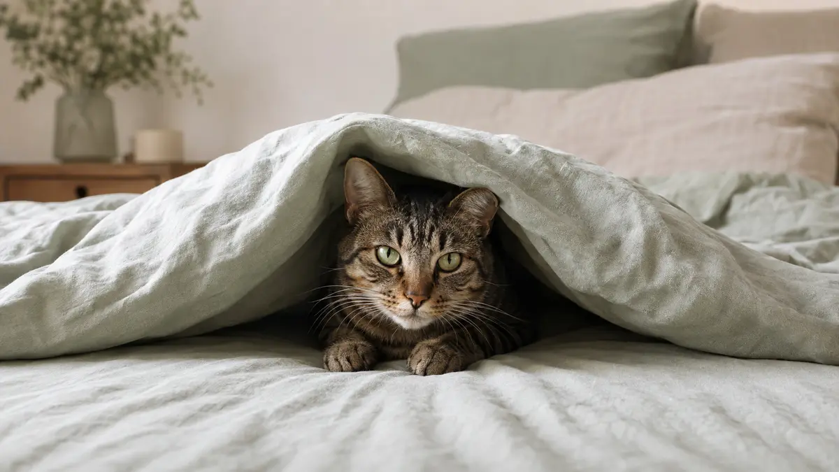 Chat tigré regardant calmement depuis le bord soulevé d’une couette légère