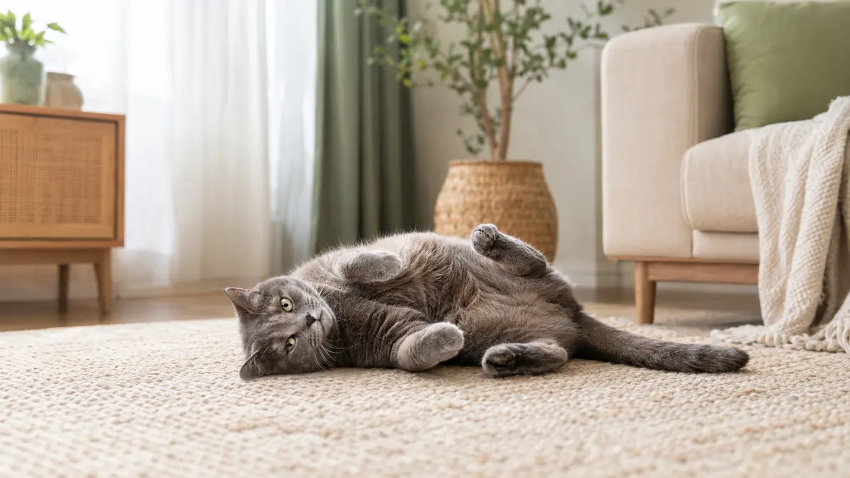 Chat gris détendu se roulant sur le côté sur un tapis clair dans un salon