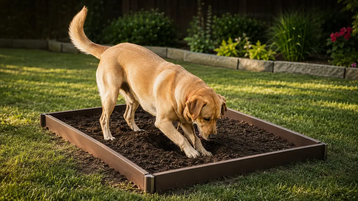 Chien adulte creusant avec enthousiasme dans un petit bac de terre autorisé au jardin