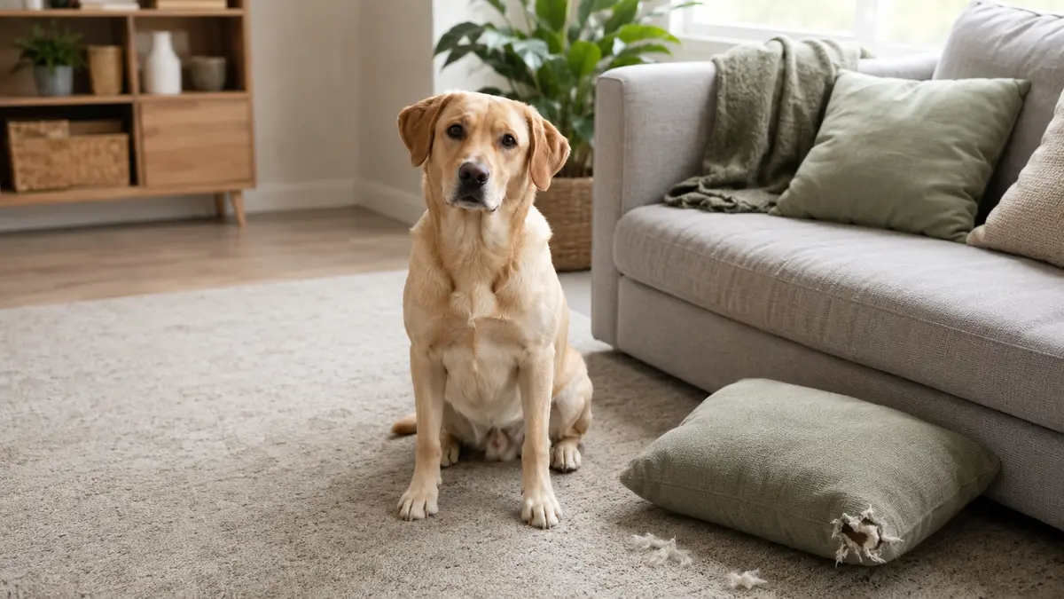 Chien adulte assis près d’un coussin légèrement abîmé dans un salon sécurisé