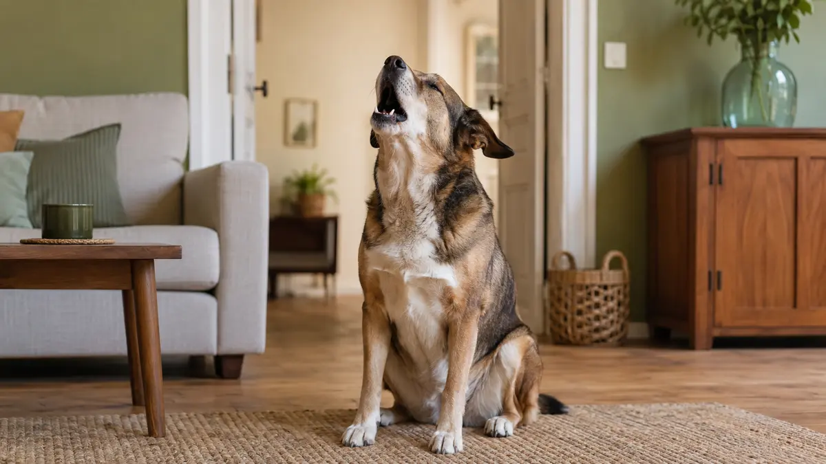 Chien adulte levant la tête et hurlant calmement dans un salon lumineux