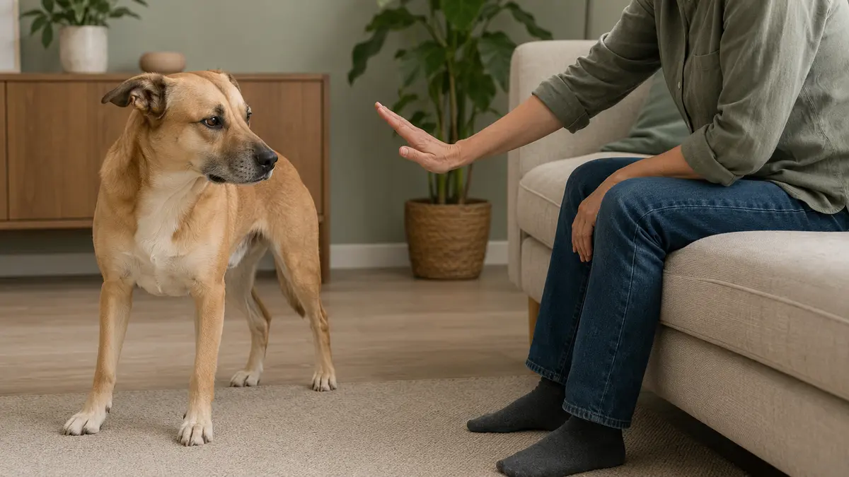 Chien détournant calmement la tête pendant qu’une personne cesse de le caresser