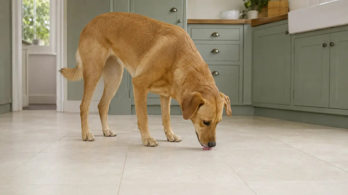 Chien adulte reniflant puis léchant une petite zone propre de carrelage dans une cuisine