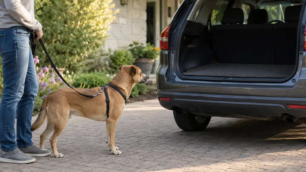 Chien adulte hésitant calmement devant le coffre ouvert d’une voiture à l’arrêt