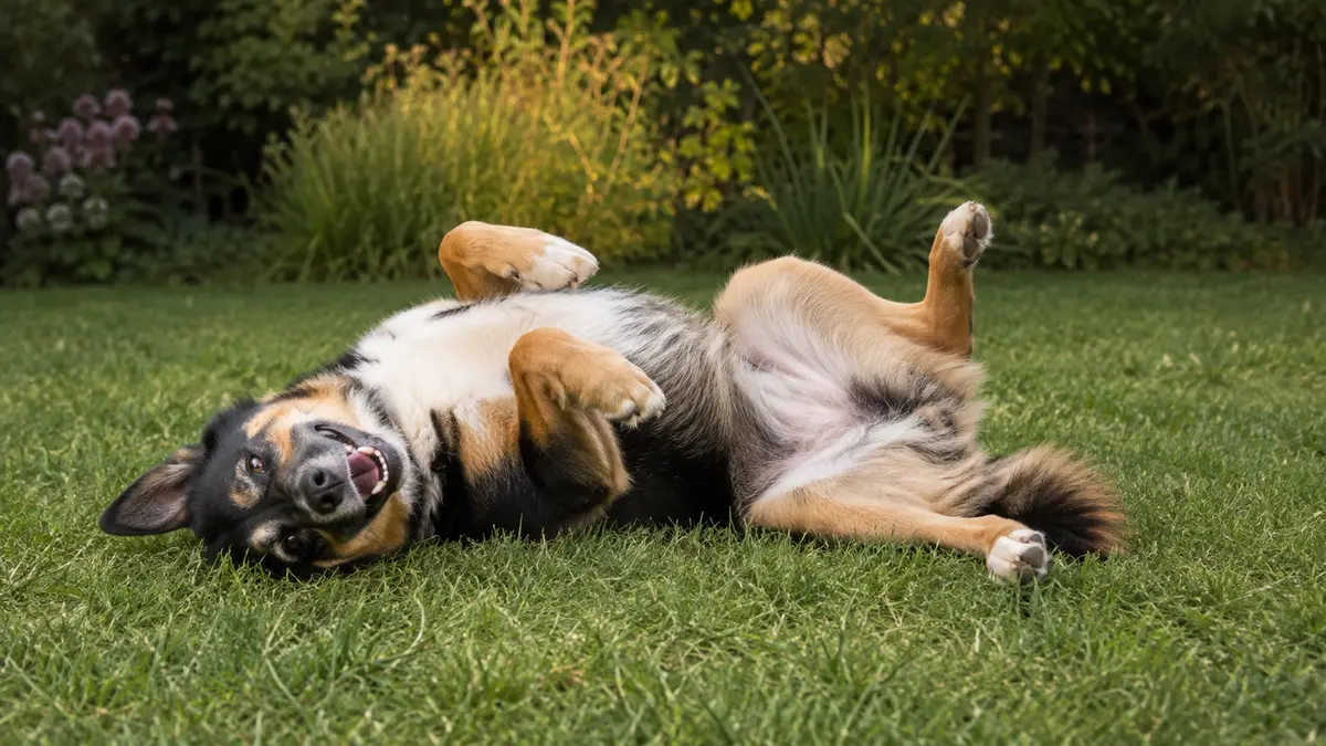 Chien adulte détendu se roulant sur le dos dans une pelouse naturelle