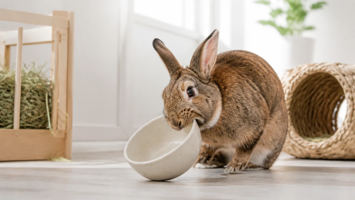 Lapin poussant une gamelle en céramique sur le sol de son espace de vie