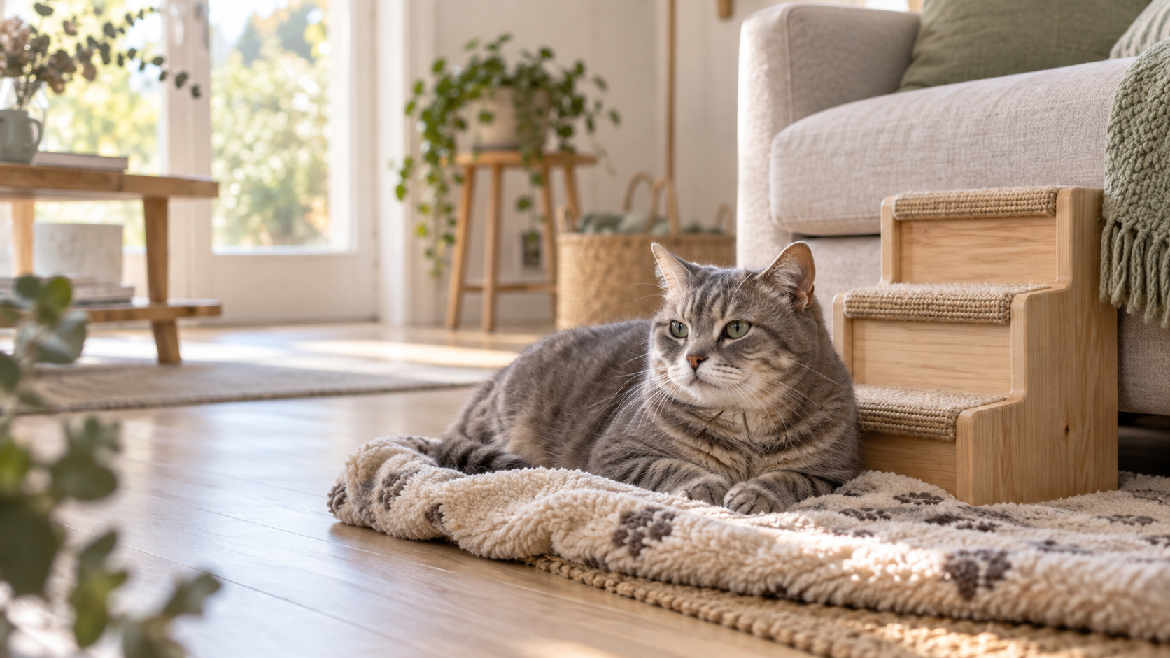 Chat senior au repos près d’un marchepied, dans un intérieur familier