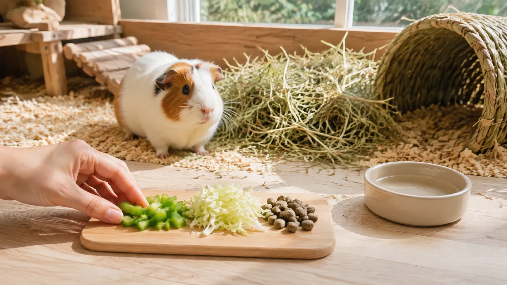 Cochon d’Inde près du foin et de portions alimentaires préparées