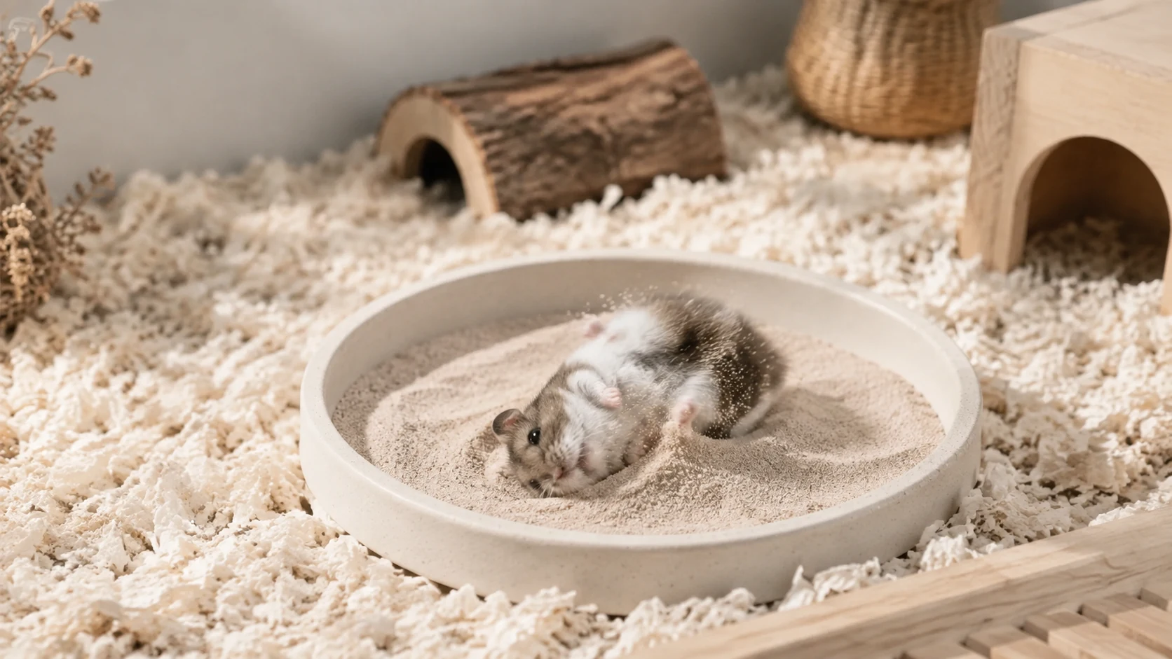Hamster se roulant dans un récipient de sable