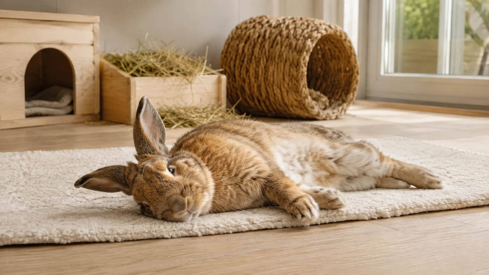Lapin allongé sur le côté dans son espace de repos