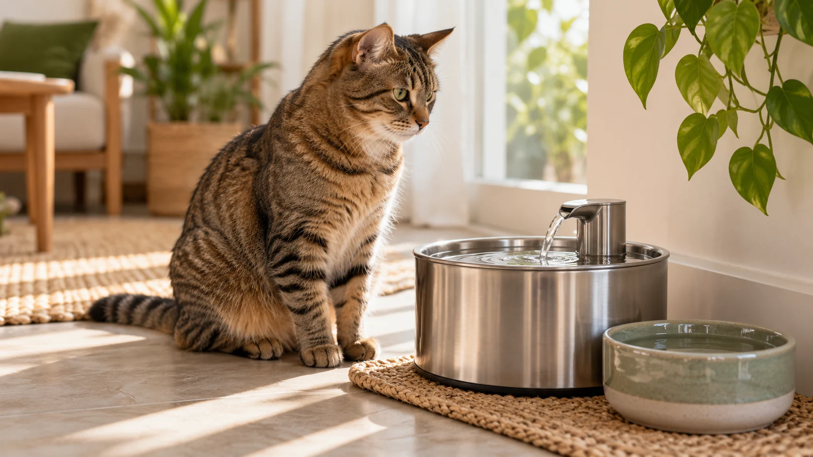 Chat tigré près d’une fontaine à eau en inox et d’un bol séparé — illustration
